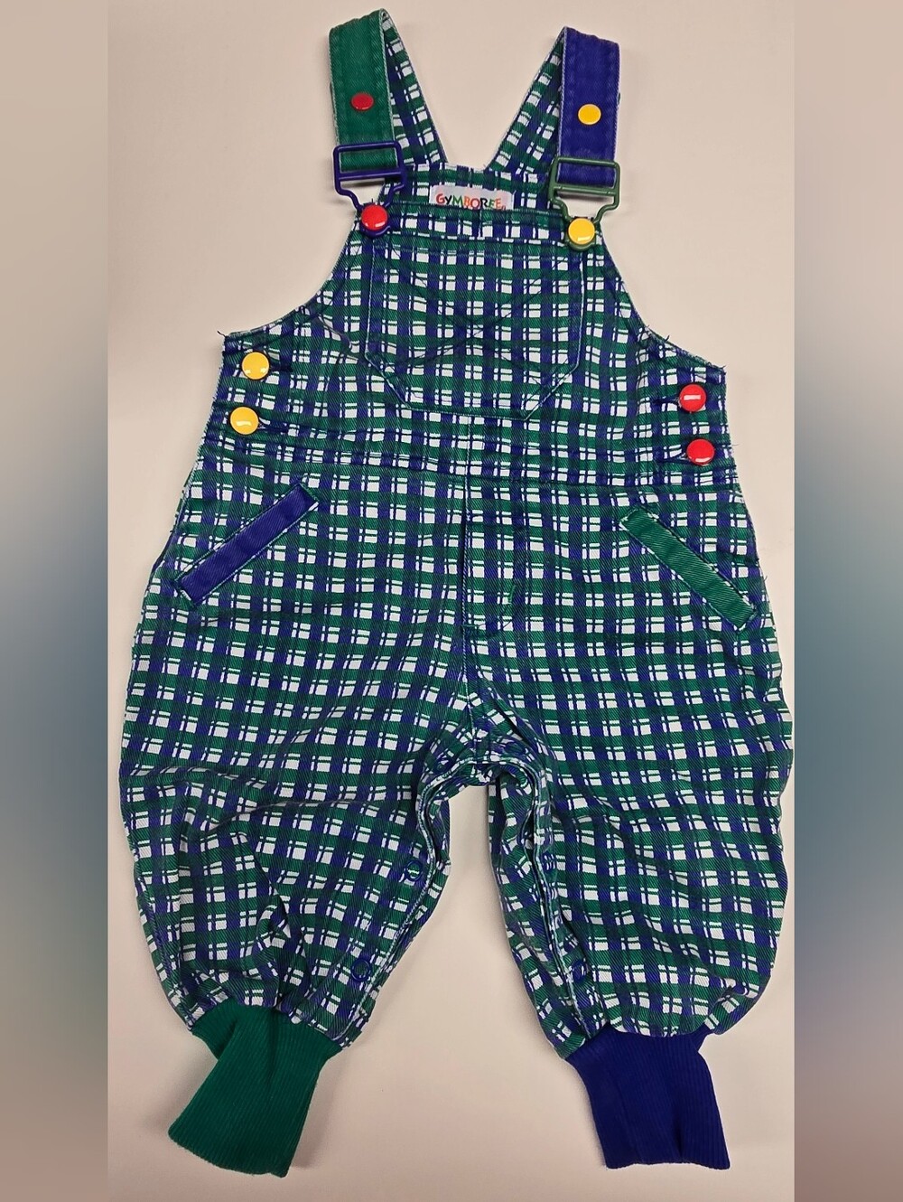 Gymboree Denim Green and Blue Plaid Overalls with Colorful Buttons